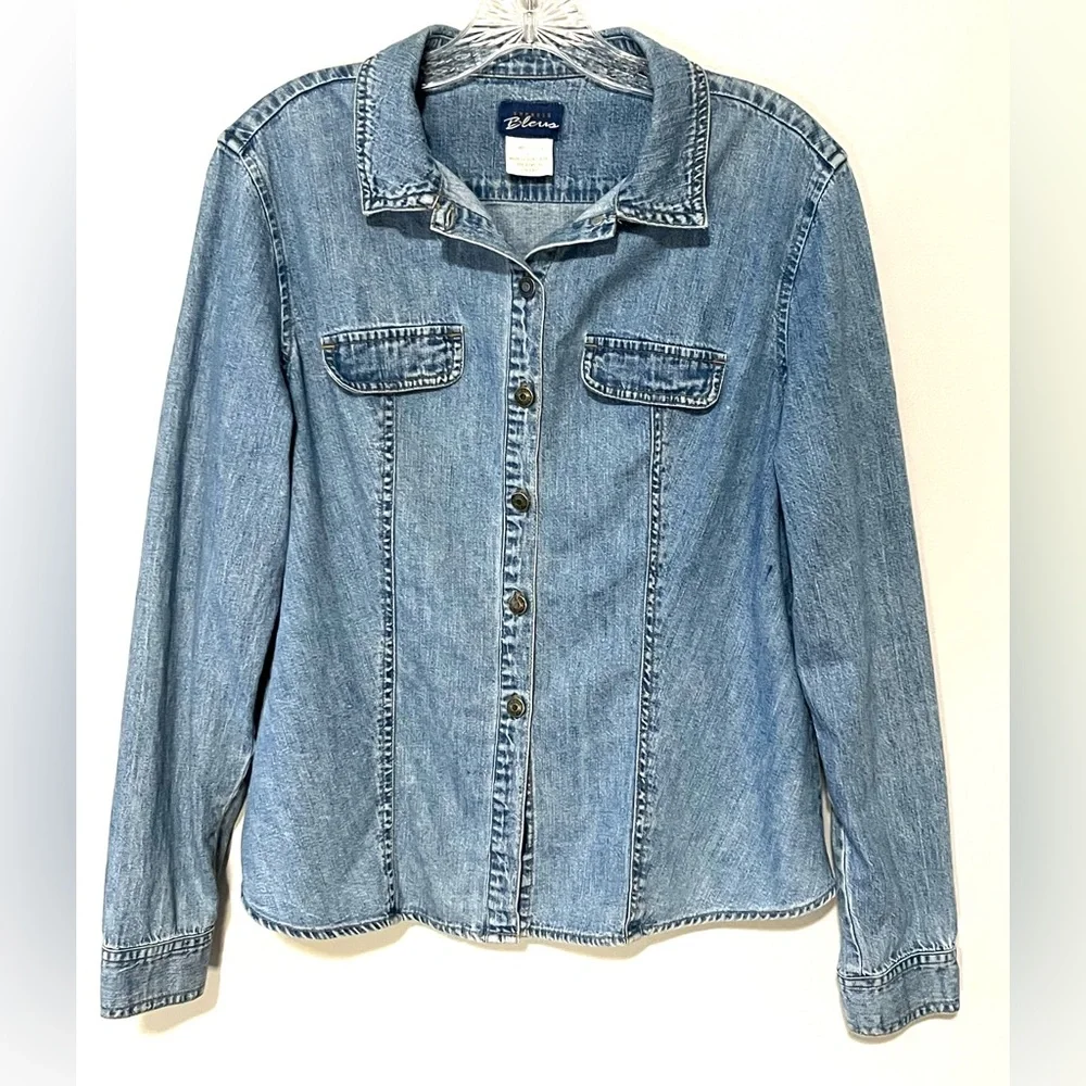 Vintage Express Bleus Blue Denim Distressed Button Long Sleeve Shirt Jacket LG - Picture 1 of 9